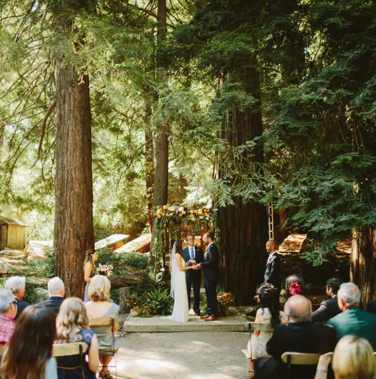 Big Sur florist creates wedding flower arch under towering redwoods at the Henry Miller Memorial Library